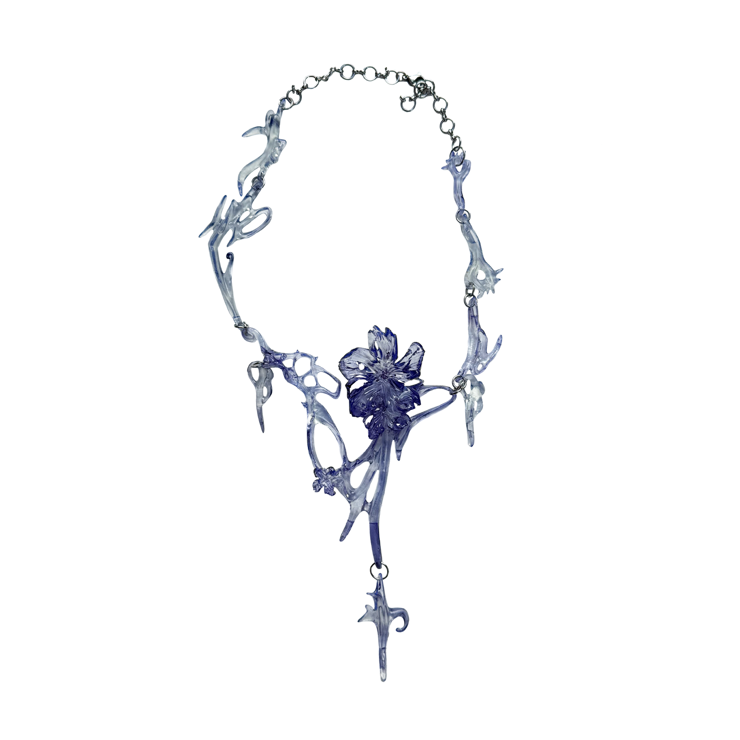 Delicate purple necklace with floral designs on a white background