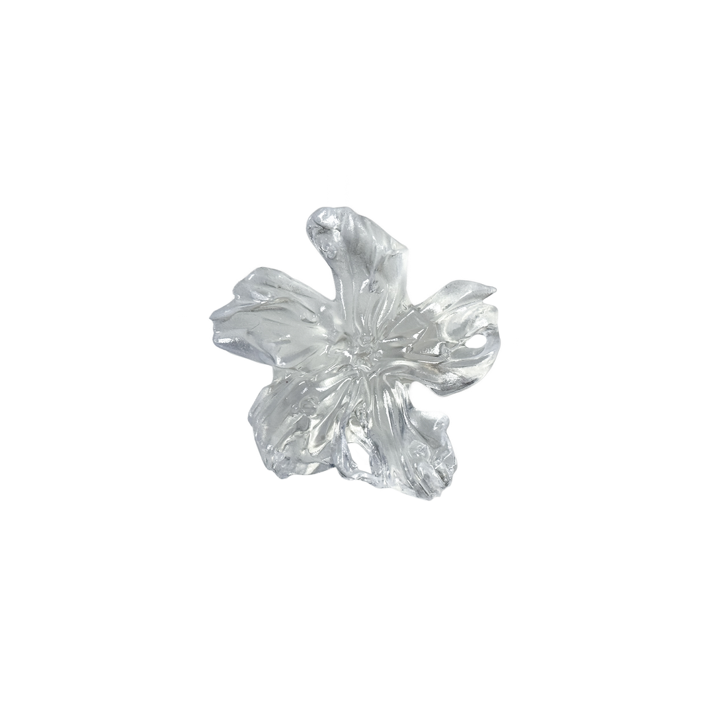 Clear gloss resin 3D printed flower ring on a white background.