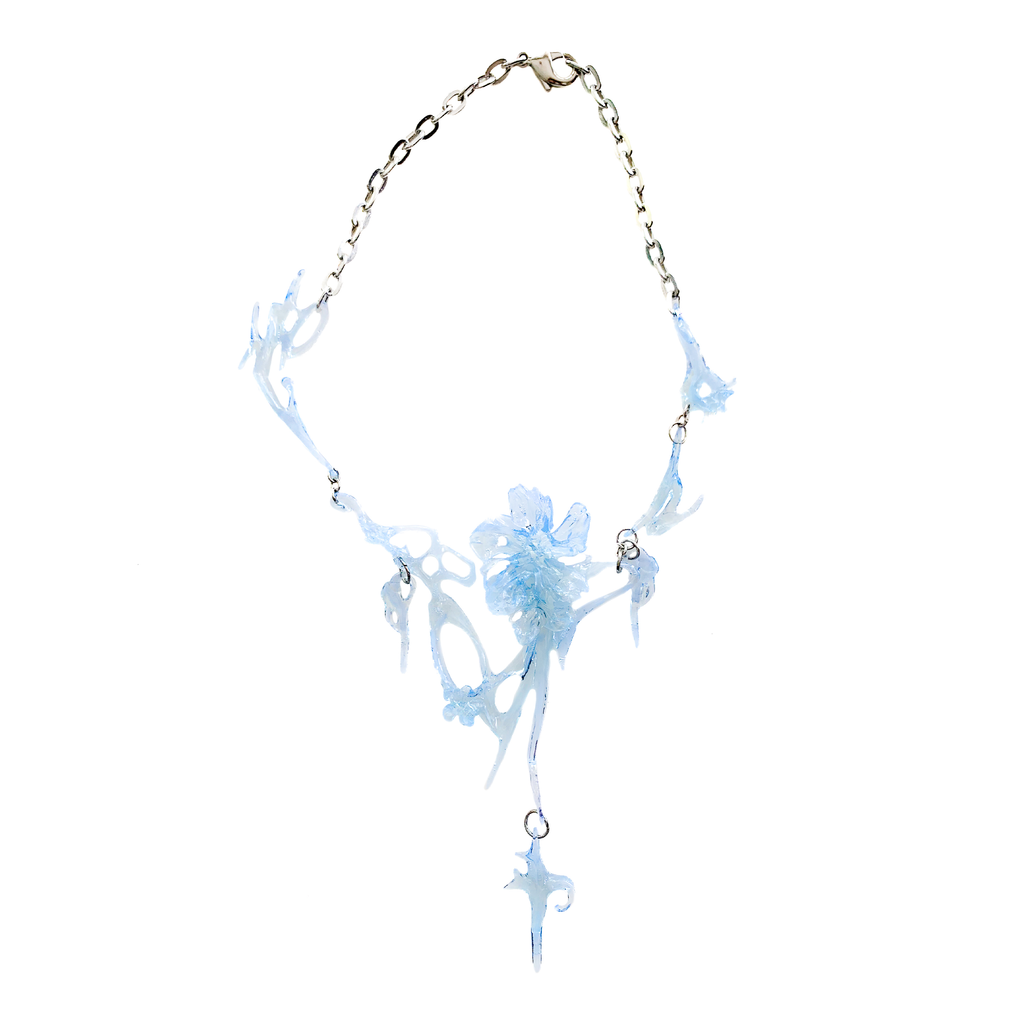 Blue floral necklace on a white background