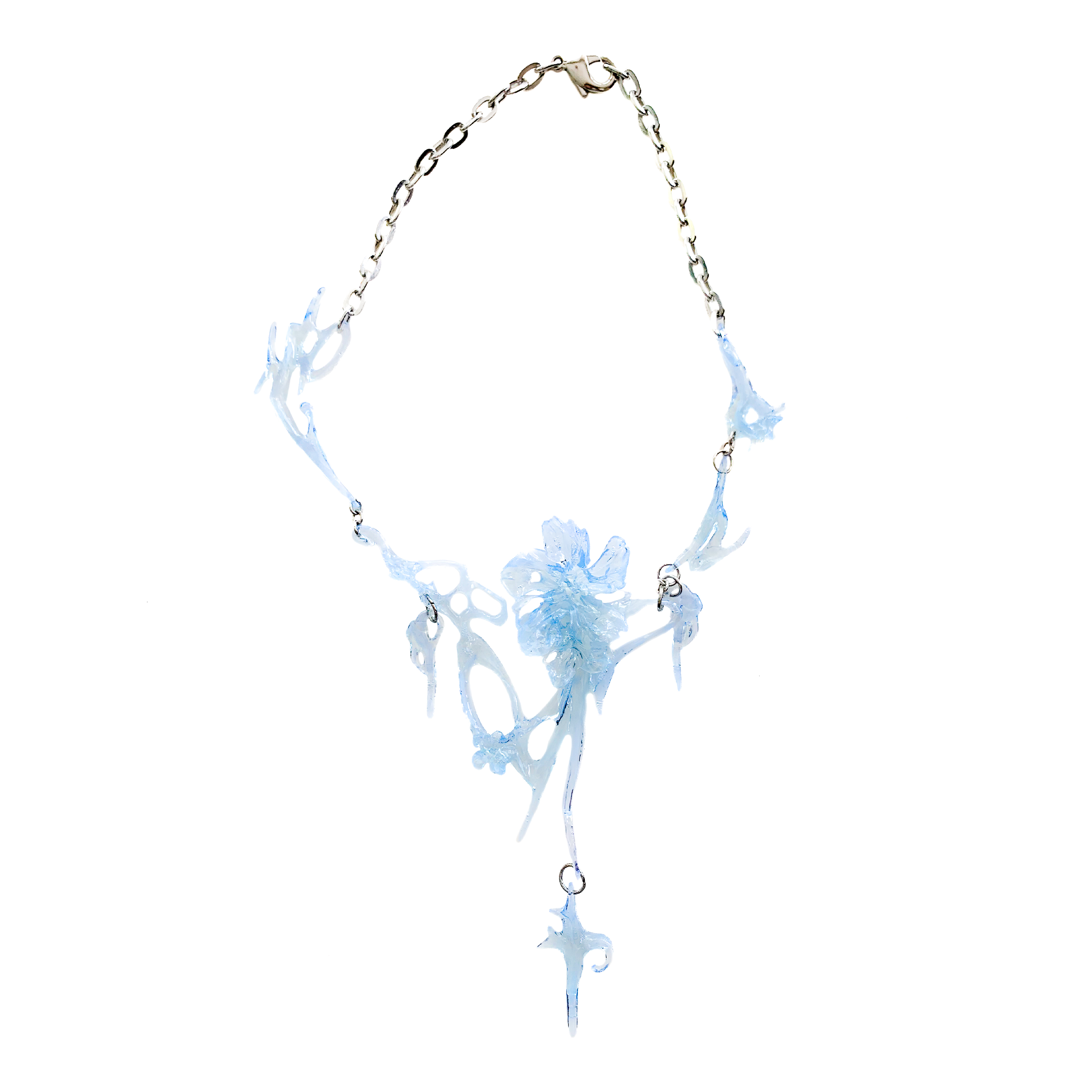 Blue floral necklace on a white background