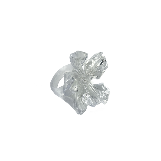 Clear resin 3D printed abstract ring.