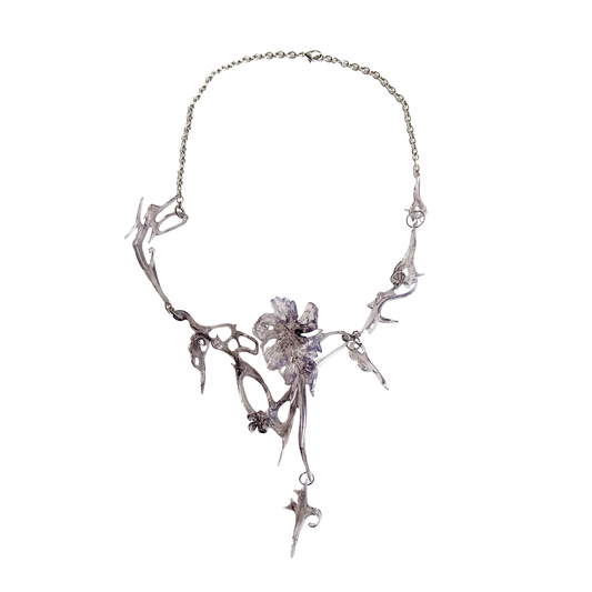3D printed lavender statement resin necklace with sterling silver. 