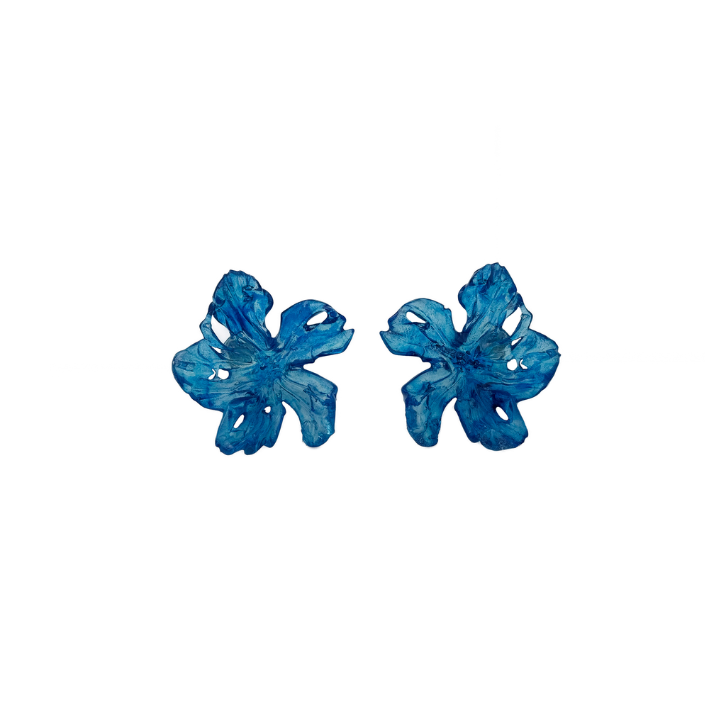 Pair of navy blue statement resin 3D printed flower abstract earrings