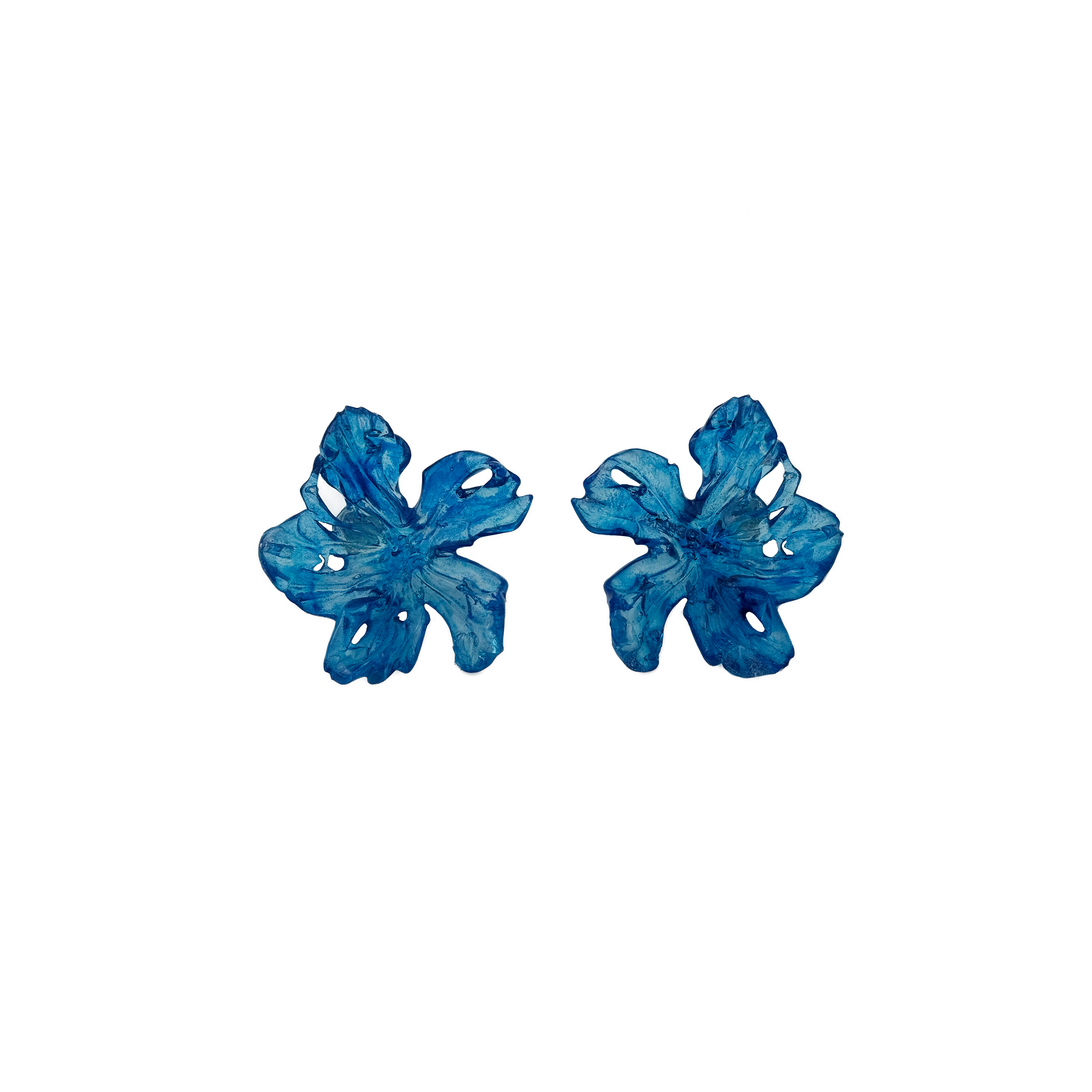 Pair of navy blue statement resin 3D printed flower abstract earrings