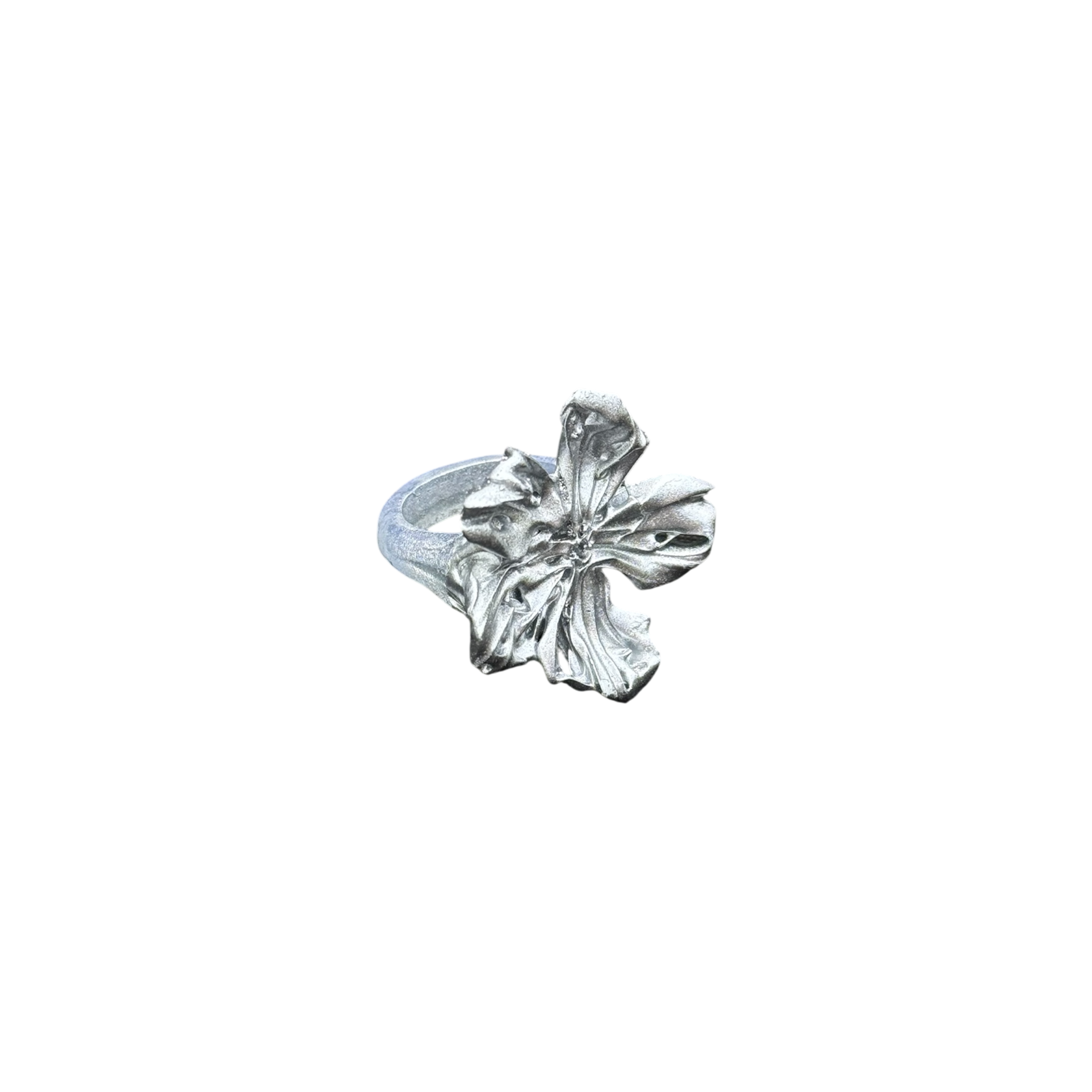 Silver ring with a floral design on a white background