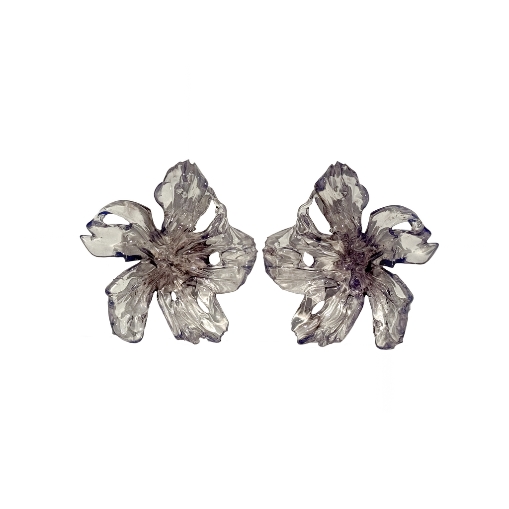 Pair of unique 3D printed flower earrings, ethereal and lavender.