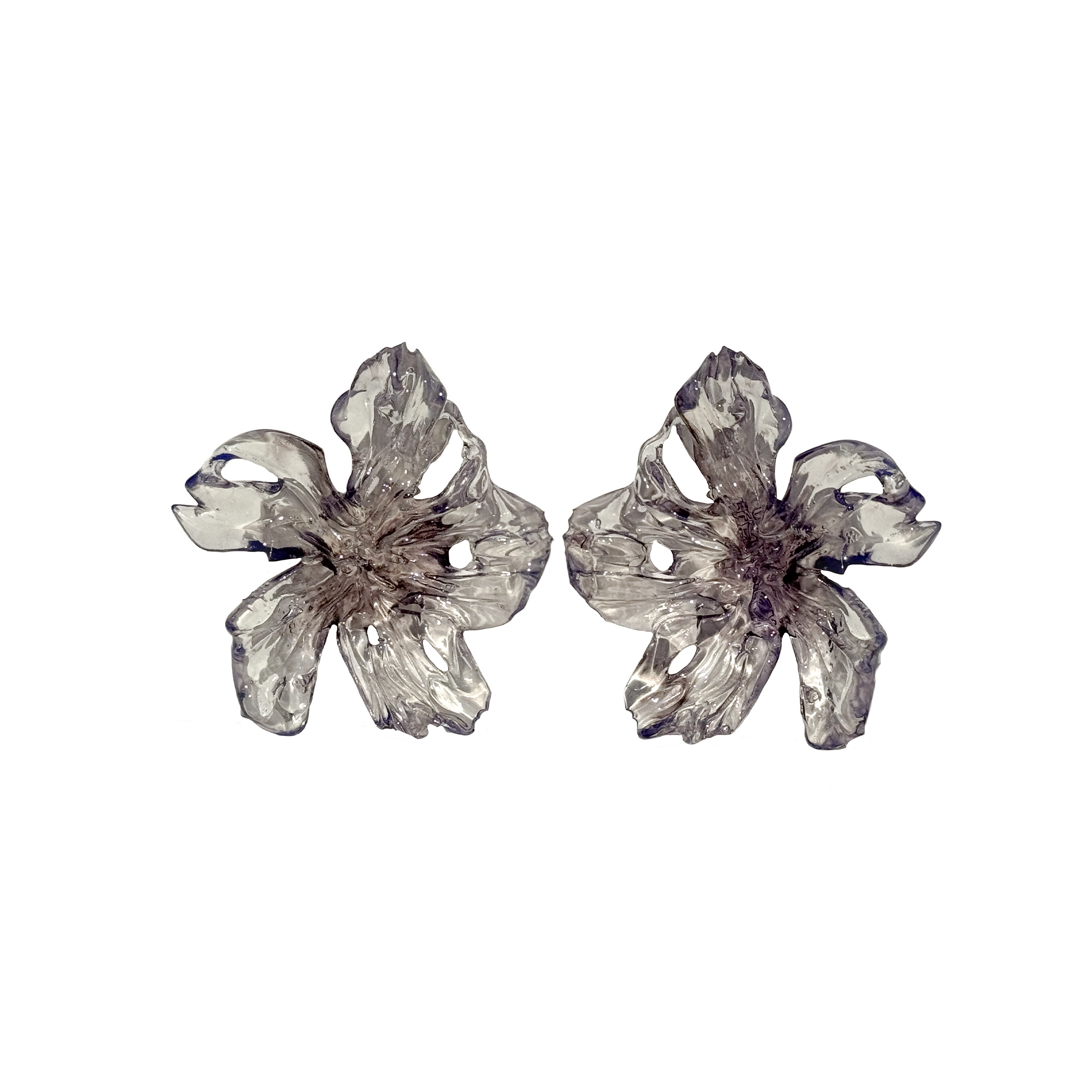 Pair of unique 3D printed flower earrings, ethereal and lavender.