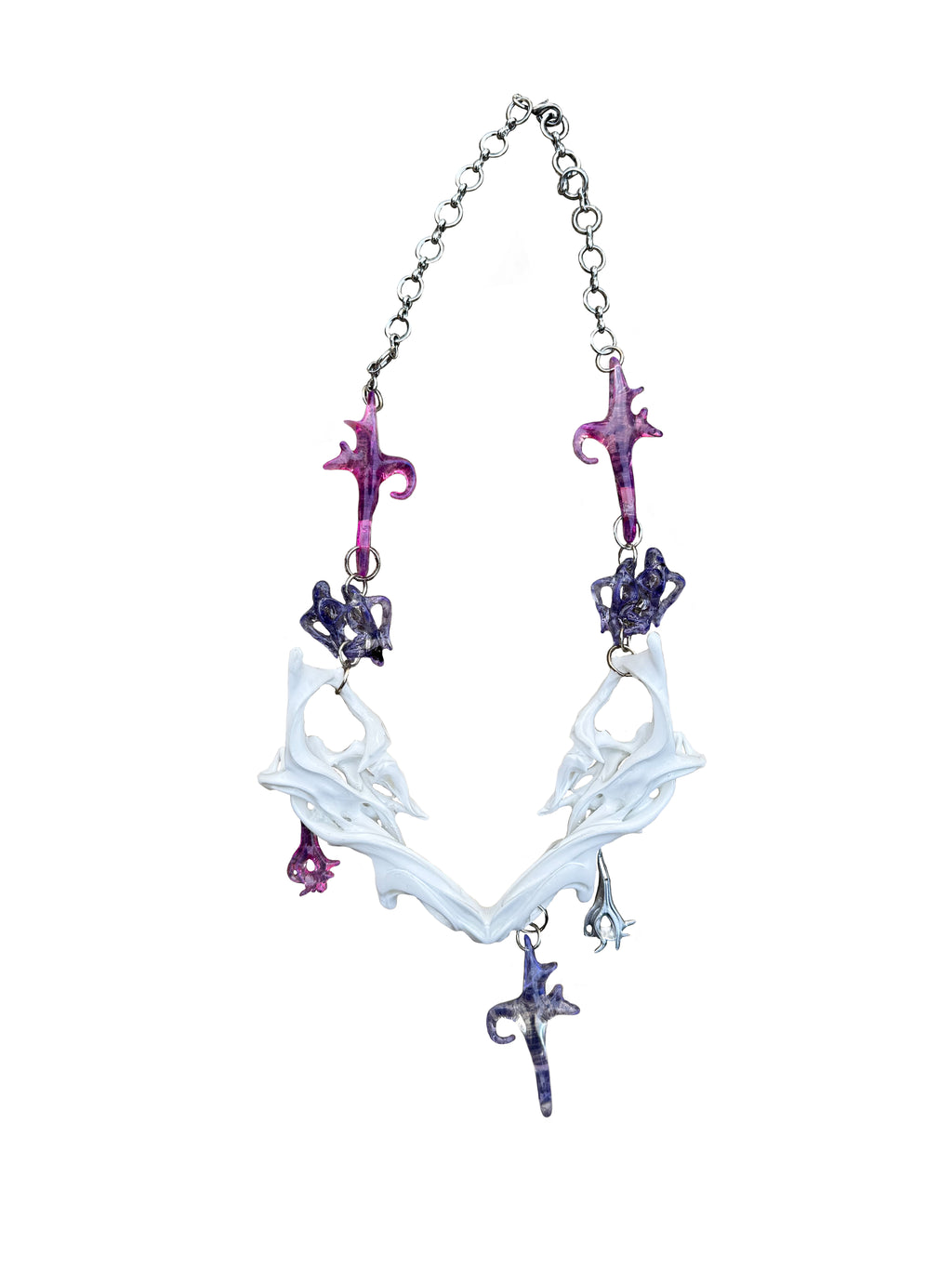 Necklace with white bone fossil shaped pendants, purple and pink accents on a white background