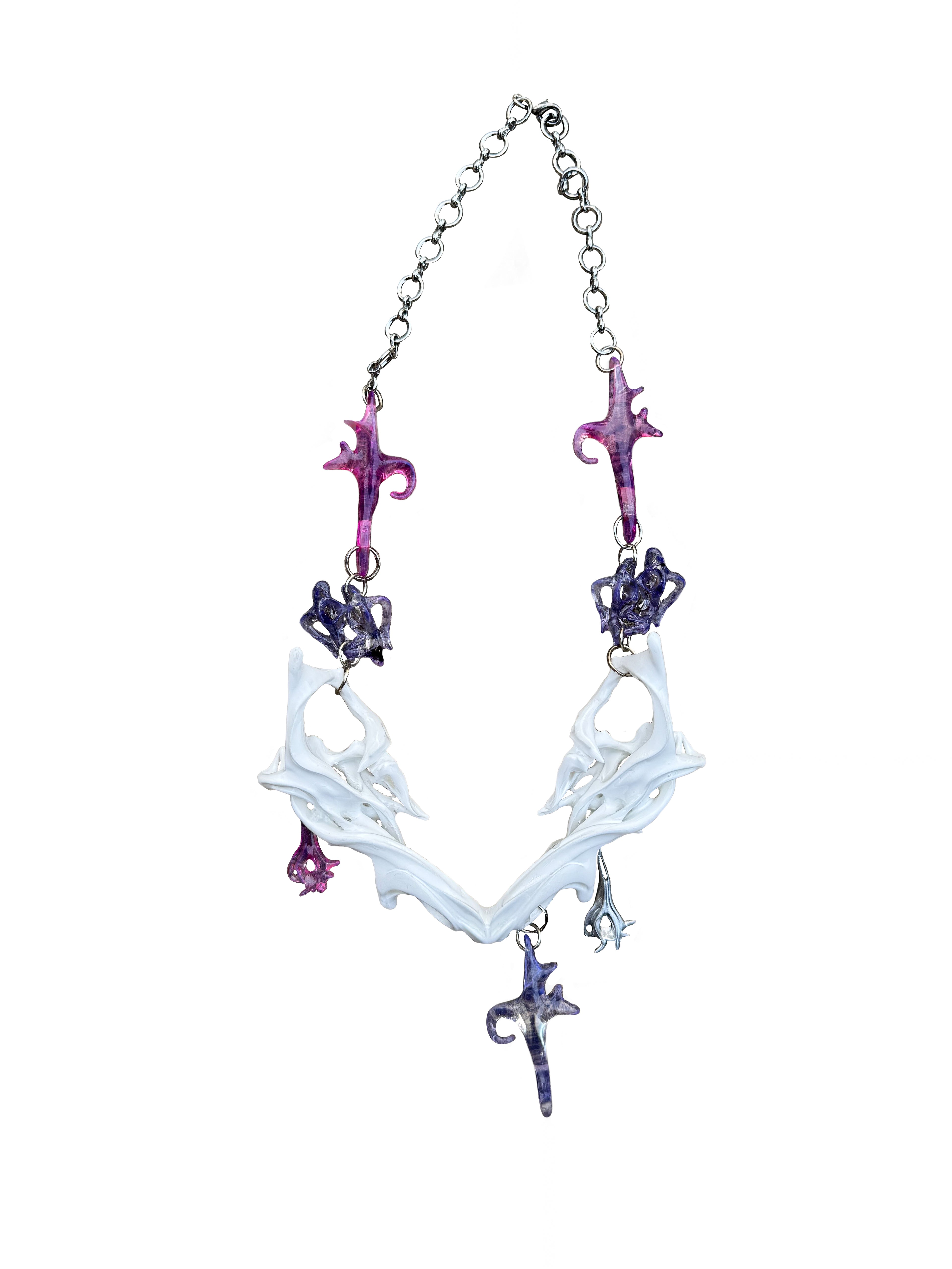 Necklace with white bone fossil shaped pendants, purple and pink accents on a white background