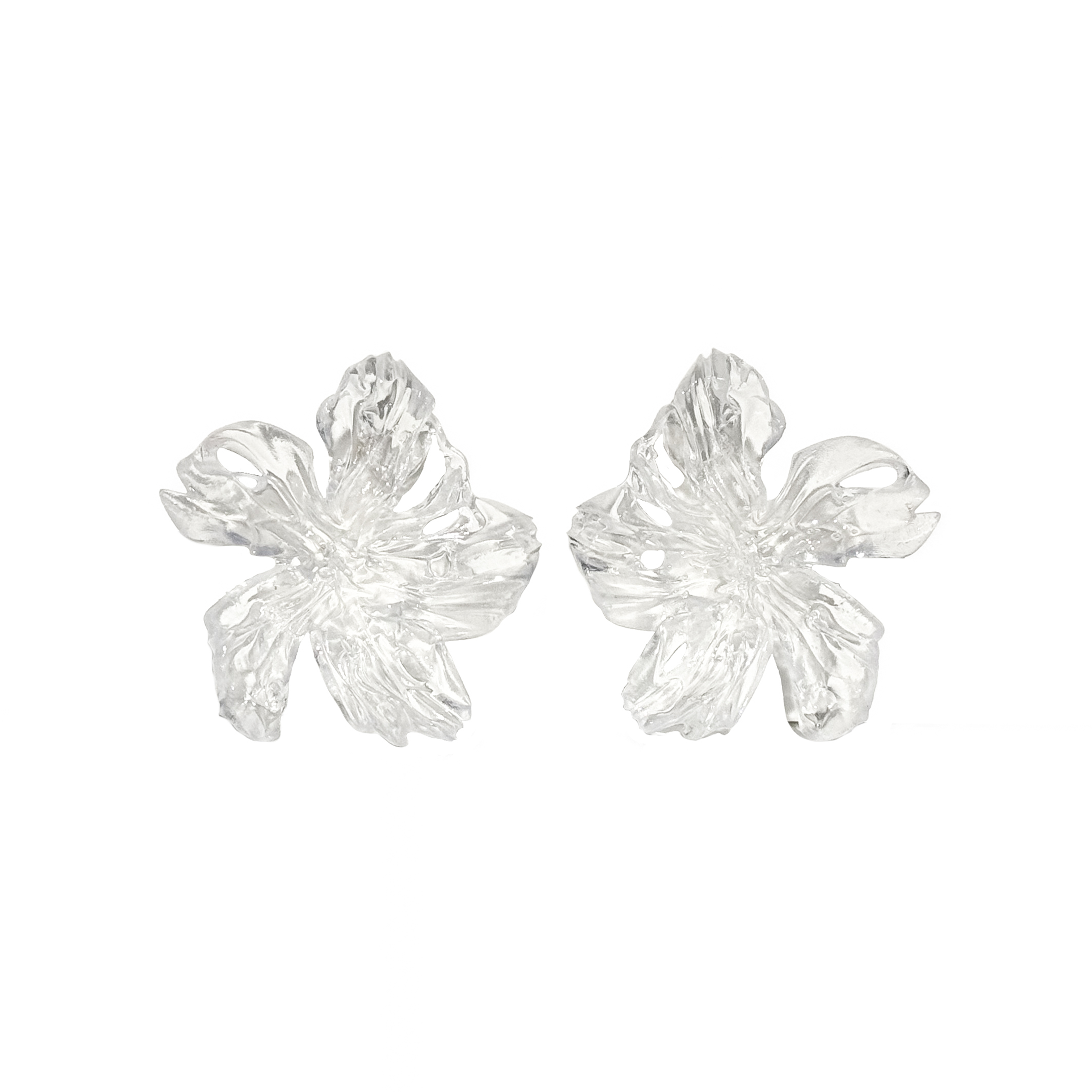 Pair of clear gloss translucent flower-shaped earrings on a white background