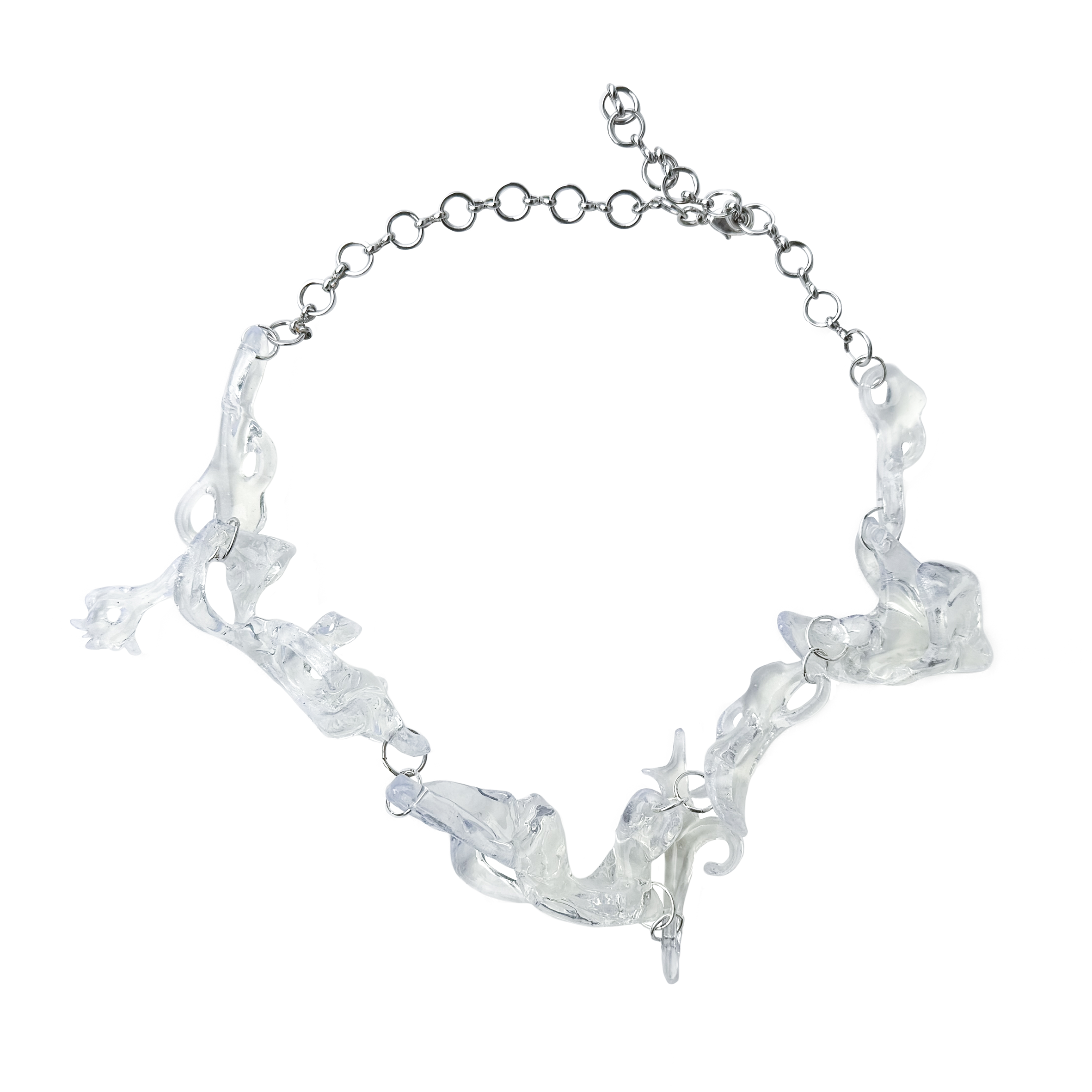 Clear glass like necklace on a white background