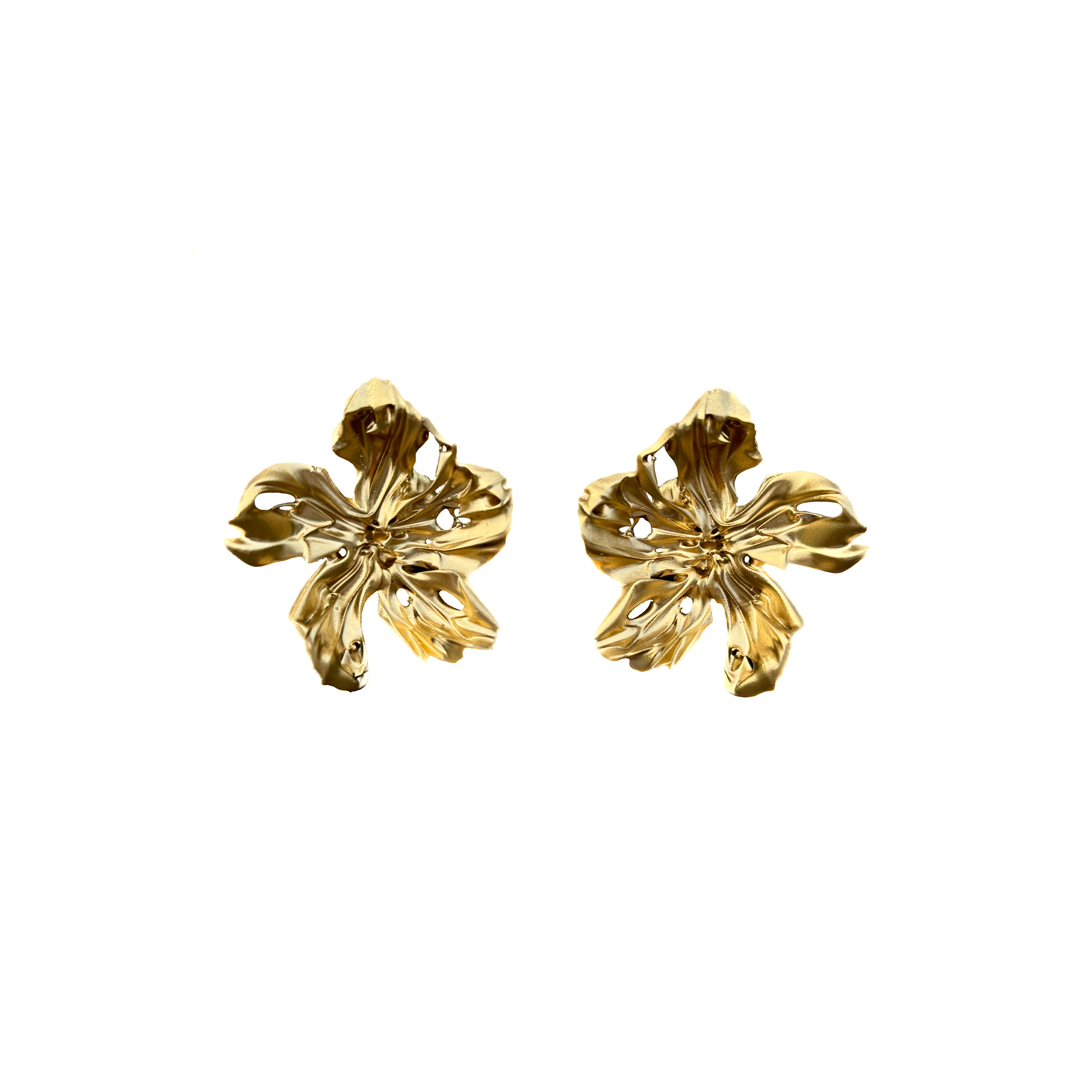 Pair of gold floral statement 3D printed earrings. 