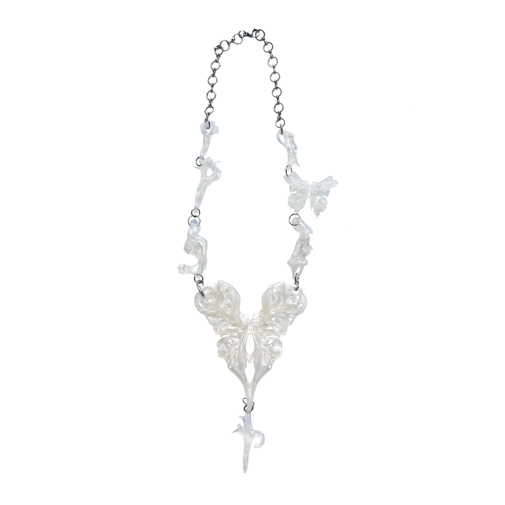 opalescent heart butterfly necklace on a white background