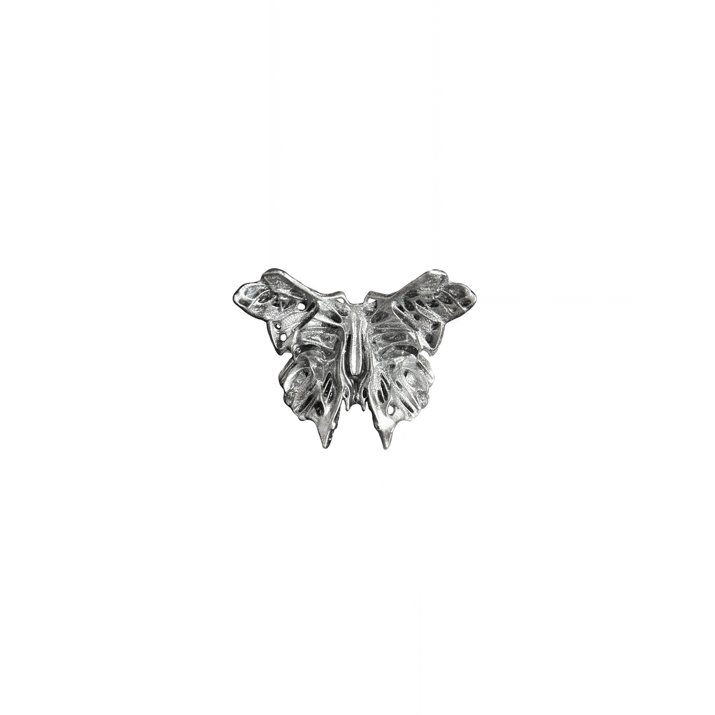 silver 3D printed abstract butterfly ring on a white background