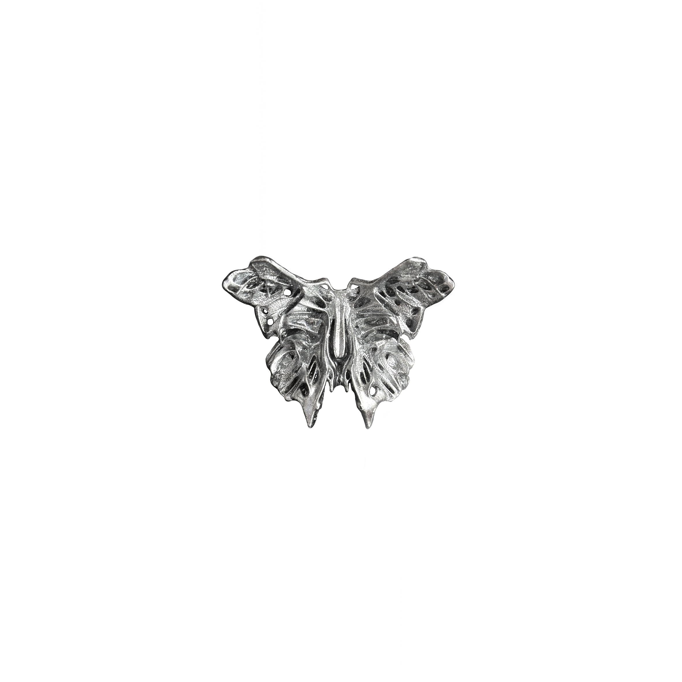 silver 3D printed abstract butterfly ring on a white background